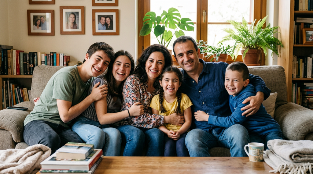Family of six smiling and sitting closely on a couch in a living room